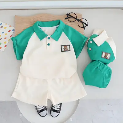 Children Cotton Polo Shirt Shorts Set Green White Summer
