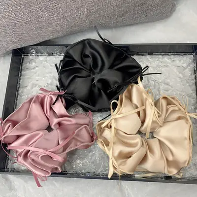 Black Satin Hair Ring with Ties for Women