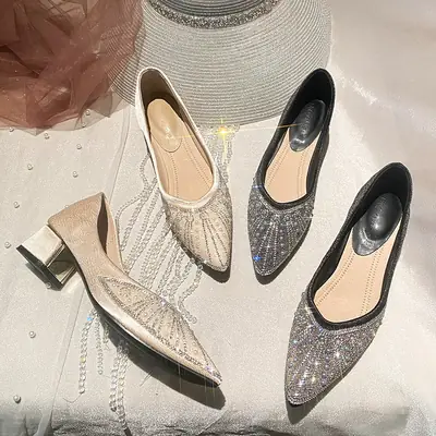 Women's Rhinestone Pearl Heel Mules Spring Pointed