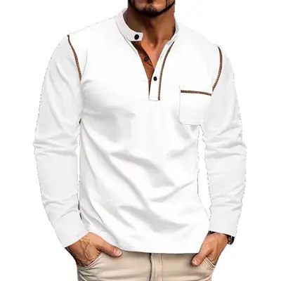 Men Dark Blue Knit Long Sleeve T-Shirt Button Front