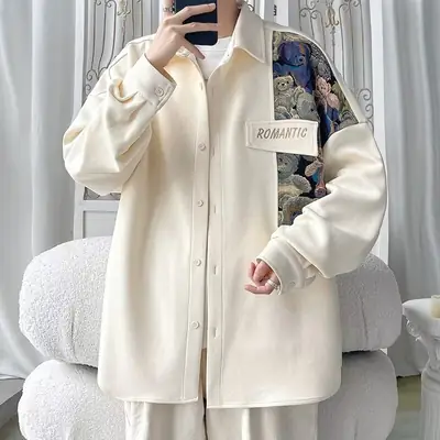 Men's Cream Bear Embroidered Jacket Large Spring Autumn National Style