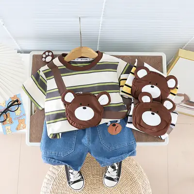 2024 Boys Bear Print Striped T-Shirt Shorts Set