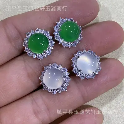 Retro Green Chalcedony Flower Ear Stud Earrings