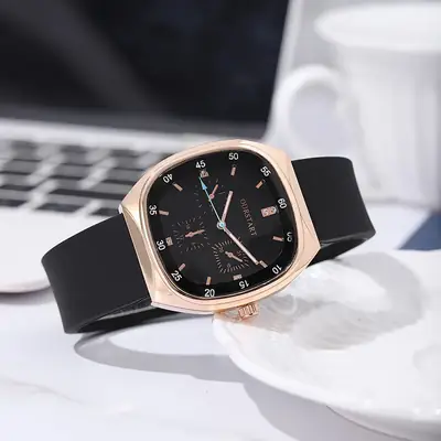 Unisex Rose Gold Silicone Watch with 3 Eyes & Double Scale