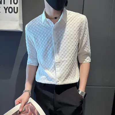 Men's White Ice Silk Slim Fit Shirt with Printed Design