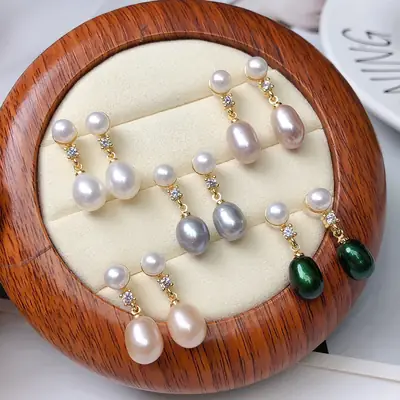 Double Pearl Earrings for Women Green Freshwater Design