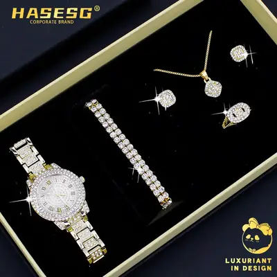 Women's Diamond Watch Set with Bracelet & Earrings