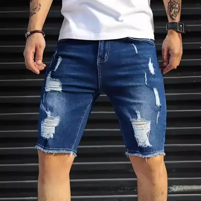 Men Denim Shorts with Holes, Slim Fit, Blue, Casual Summer