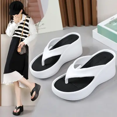 Women's White Black Flip-Flops Wedge Heel Summer Slippers