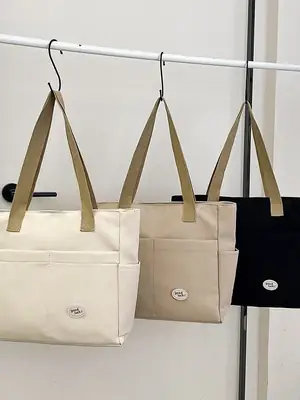 Women Large Canvas Tote Bag Beige Black Sturdy Durable