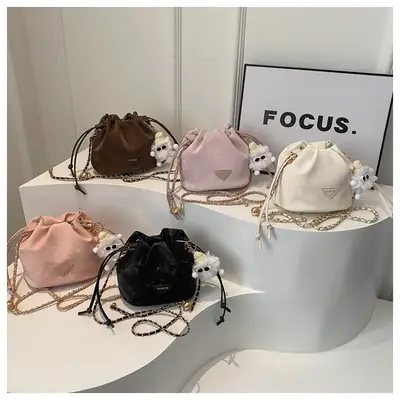 Black Pleated Bucket Bag Women Soft PU Drawstring Shoulder Crossbody 2024