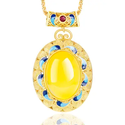Copper Gold Plated Yellow Onyx Jade Pendant Necklace