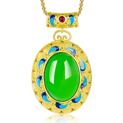 Natural Green Agate Egg Pendant Women's Necklace Gold Plated