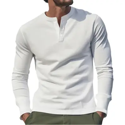 Men Long Sleeve Grey Twill T-Shirt Henry Collar