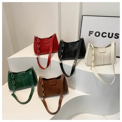 Red Croc Leather Chain Shoulder Bag for Women