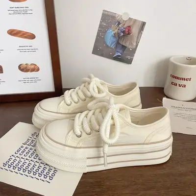 Cream Platform Sneakers Women's Canvas Summer Wear