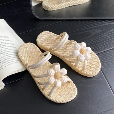 New Fashionable Flower Women's Shoes Summer Straw Slippers Ethnic Style Roman Shoes Beach Flip-Flops Two-Wear Shoes Sandals