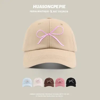 Pink Embroidered Bow Baseball Cap Women Men Summer