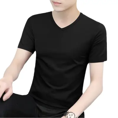 Men V-Neck Ice Silk T-Shirt Blue 7A