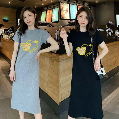 Women Black Slim Long Dress Summer Covering T-Shirt