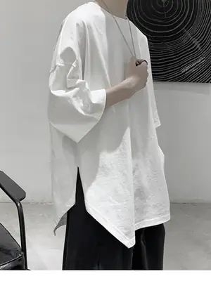 Men Grey Loose T-Shirt Split Sleeve Summer Wear