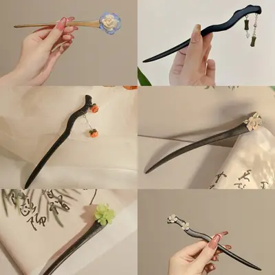 Women's Antique Camellia Hairpin with Wooden Handle