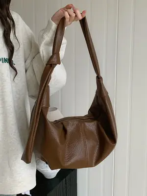 Korean Style Black Leather Shoulder Bag with Pleated Design