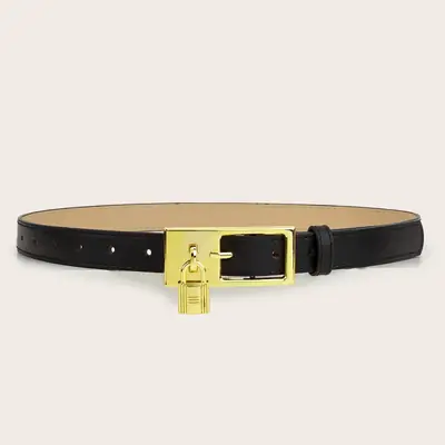 Women's Black Leather Belt with Gold Buckle