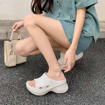 Women's Beige Wedge Sandals with Thick Sole