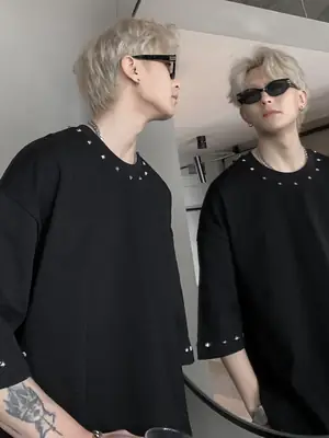 Men Black Off-Shoulder T-Shirt Summer Loose Fit