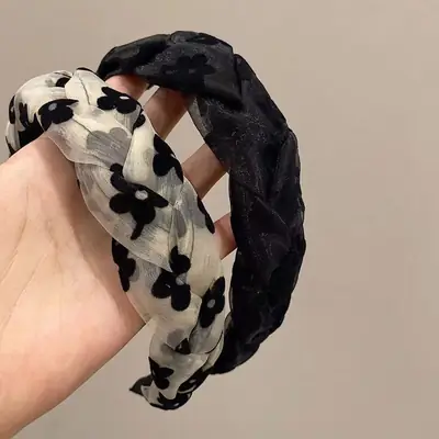 Black Mesh Twist Braided Skull Top Headband for Women