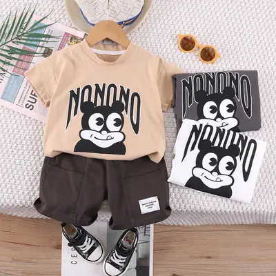 Children's Bear Print Cotton Summer Suit Beige Brown