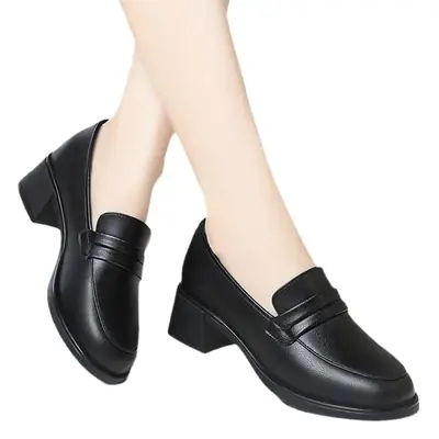 Black Leather Women's Heel Mules Shoes