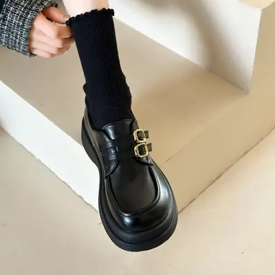 Women British Leather Platform Loafers Black 2024