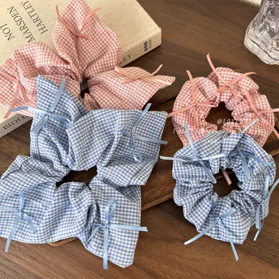 Pink Plaid Hair Scrunchie for Women 2024 New