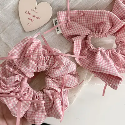 Pink Plaid French Hair Band with Ribbon