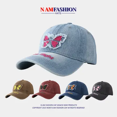 Women's Blue Butterfly Embroidered Baseball Cap Wash Denim