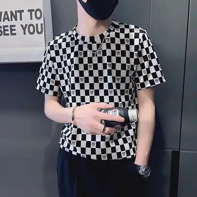 Men's Black White Checkered Short Sleeve T-Shirt