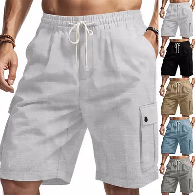 Men Bamboo Linen Casual Shorts Blue Drawstring Pocket