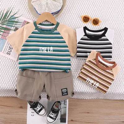 Boys Striped T-Shirt Shorts Set Summer Casual White Beige