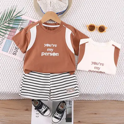 Boy's Western Summer T-Shirt Shorts Set Brown Striped