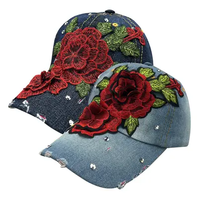 Women's Blue Denim Baseball Cap with Red Rose Embroidery