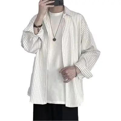 Long Sleeve Striped Shirt Men's White Black Casual Top