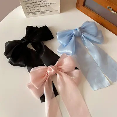 Korean Style Bow Ribbon Hair Clips Black Pink Blue