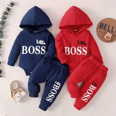 Red Boss Print Baby Hooded Suit for Boys Girls