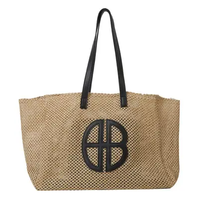 Women's Straw Bag with Logo, Beige Brown, Handbag