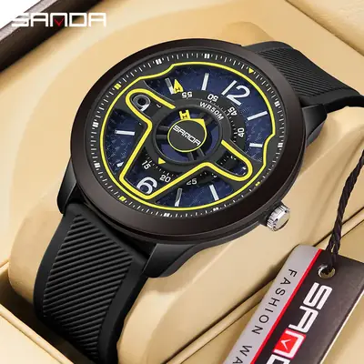 Sanda Youth Casual Waterproof Quartz Watch Black Yellow