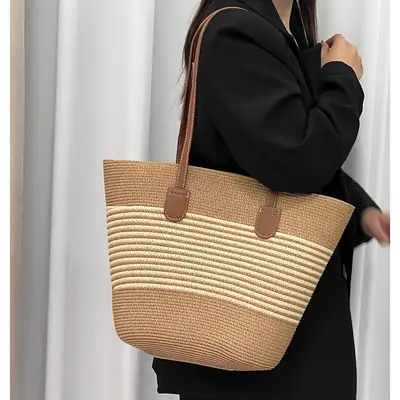 Summer Straw Commuter Bag Large Capacity Beige