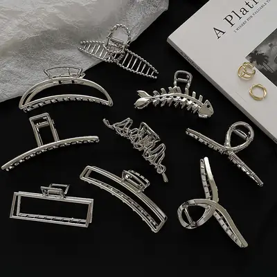 South Korea Ins Advanced Metal Silver Large Asymmetrical Hair Clip Back Head Coil Shark Hairpin Wholesale