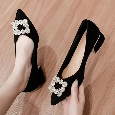 Black Rhinestone Suede Chunky Heel Low Heel Shoes